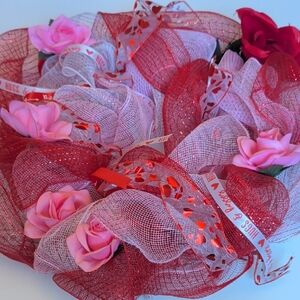 Red and Pink Floral Mesh Wreath